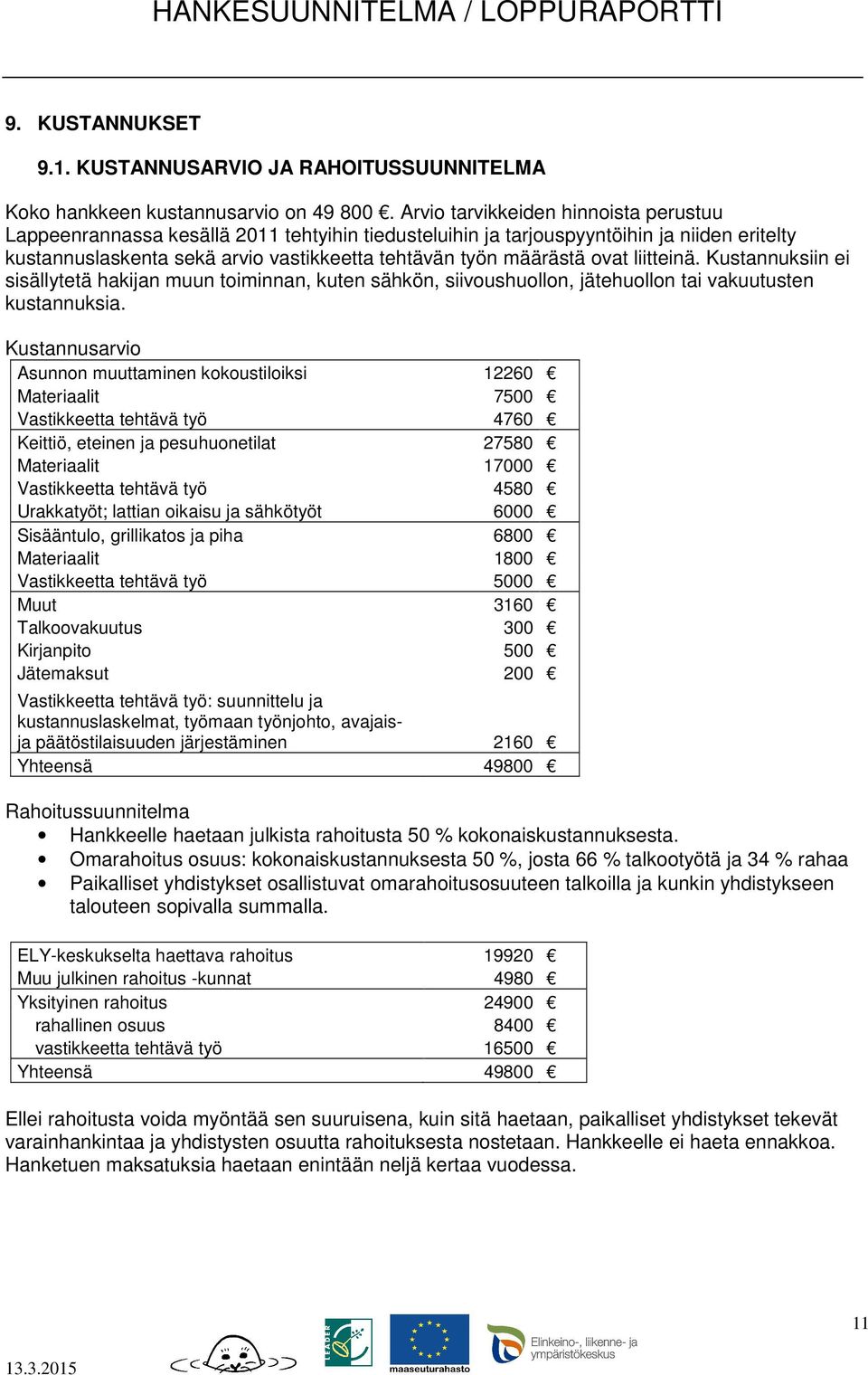 ovat liitteinä. Kustannuksiin ei sisällytetä hakijan muun toiminnan, kuten sähkön, siivoushuollon, jätehuollon tai vakuutusten kustannuksia.