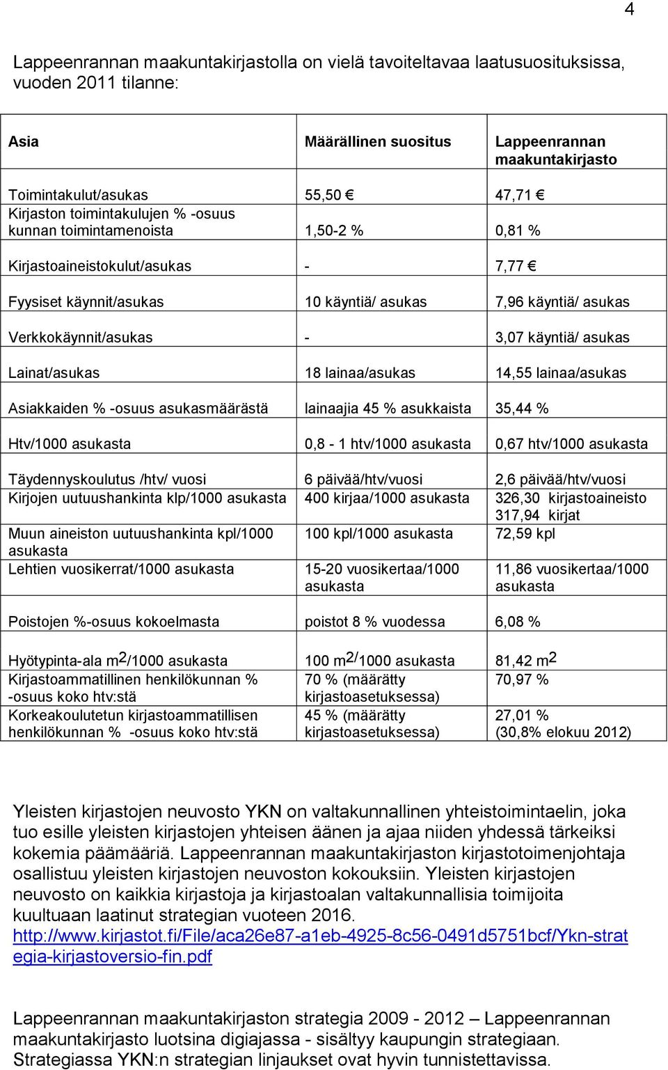 käyntiä/ asukas Lainat/asukas 18 lainaa/asukas 14,55 lainaa/asukas Asiakkaiden % -osuus asukasmäärästä lainaajia 45 % asukkaista 35,44 % Htv/1000 asukasta 0,8-1 htv/1000 asukasta 0,67 htv/1000