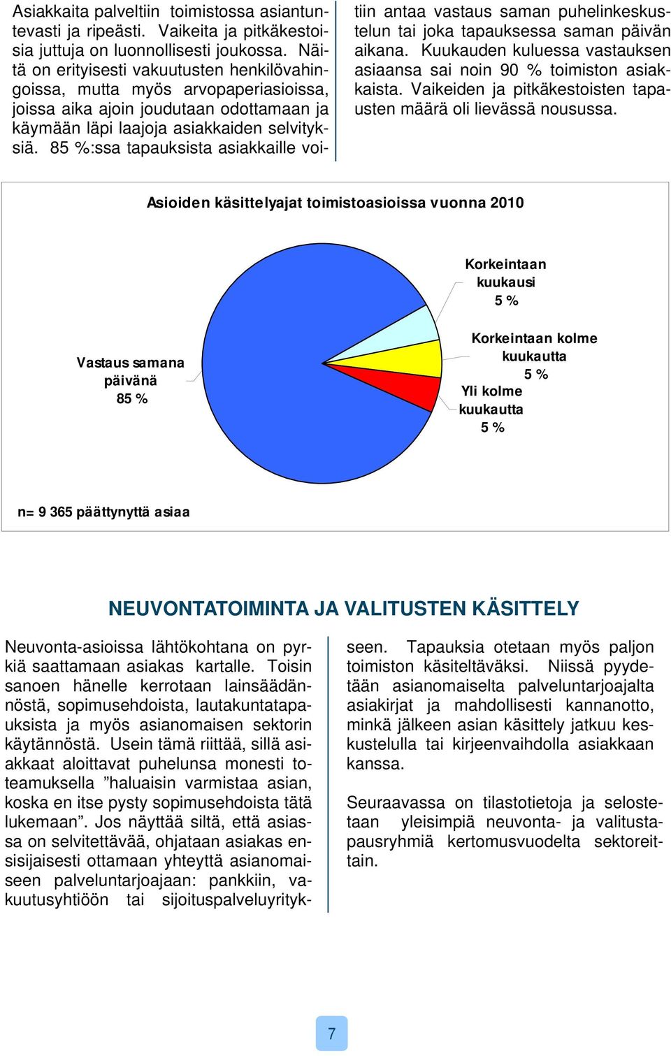 85 %:ssa tapauksista asiakkaille voitiin antaa vastaus saman puhelinkeskustelun tai joka tapauksessa saman päivän aikana. Kuukauden kuluessa vastauksen asiaansa sai noin 90 % toimiston asiakkaista.