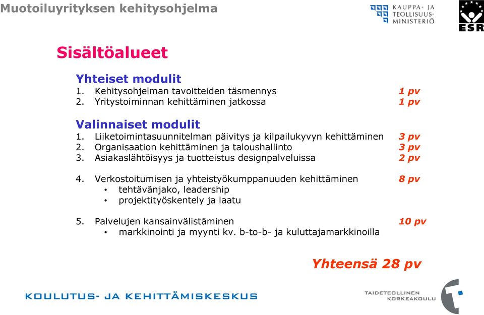 Organisaation kehittäminen ja taloushallinto 3 pv 3. Asiakaslähtöisyys ja tuotteistus designpalveluissa 2 pv 4.