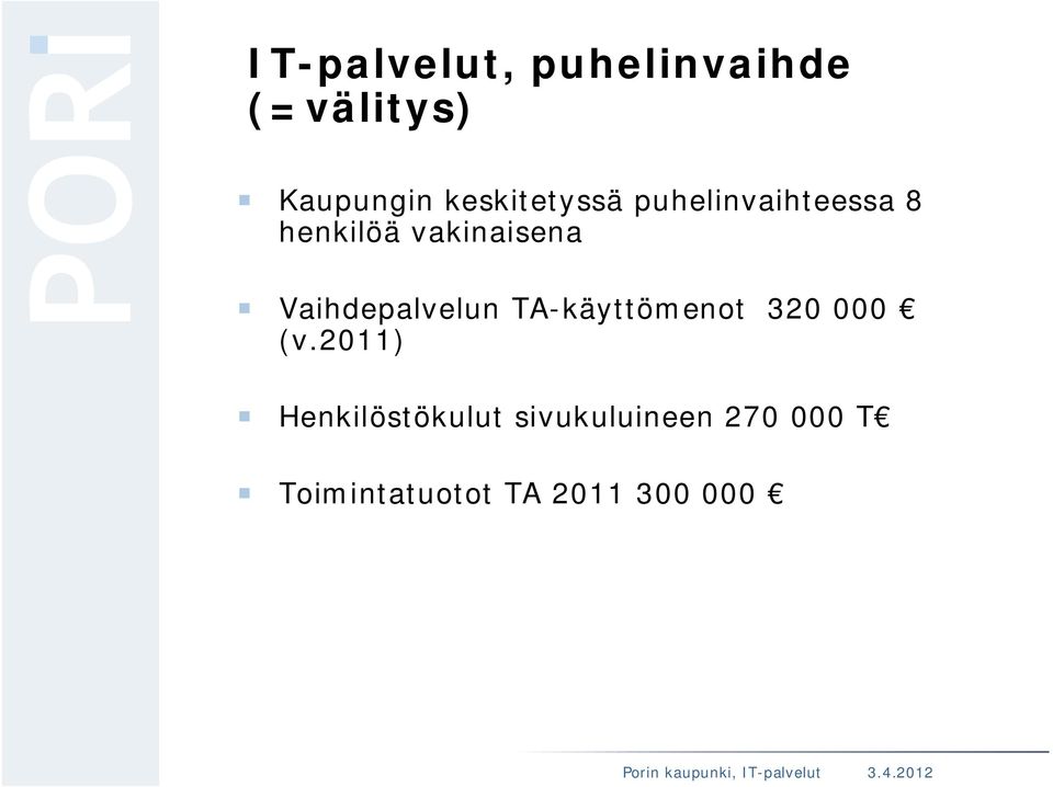 Vaihdepalvelun TA-käyttömenot 320 000 (v.