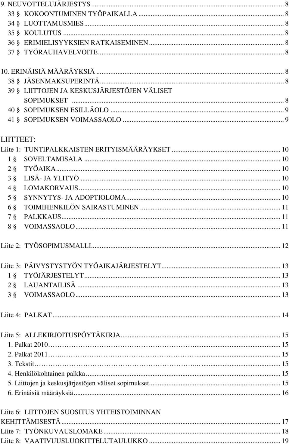 .. 10 1 SOVELTAMISALA... 10 2 TYÖAIKA... 10 3 LISÄ- JA YLITYÖ... 10 4 LOMAKORVAUS... 10 5 SYNNYTYS- JA ADOPTIOLOMA... 10 6 TOIMIHENKILÖN SAIRASTUMINEN... 11 7 PALKKAUS... 11 8 VOIMASSAOLO.