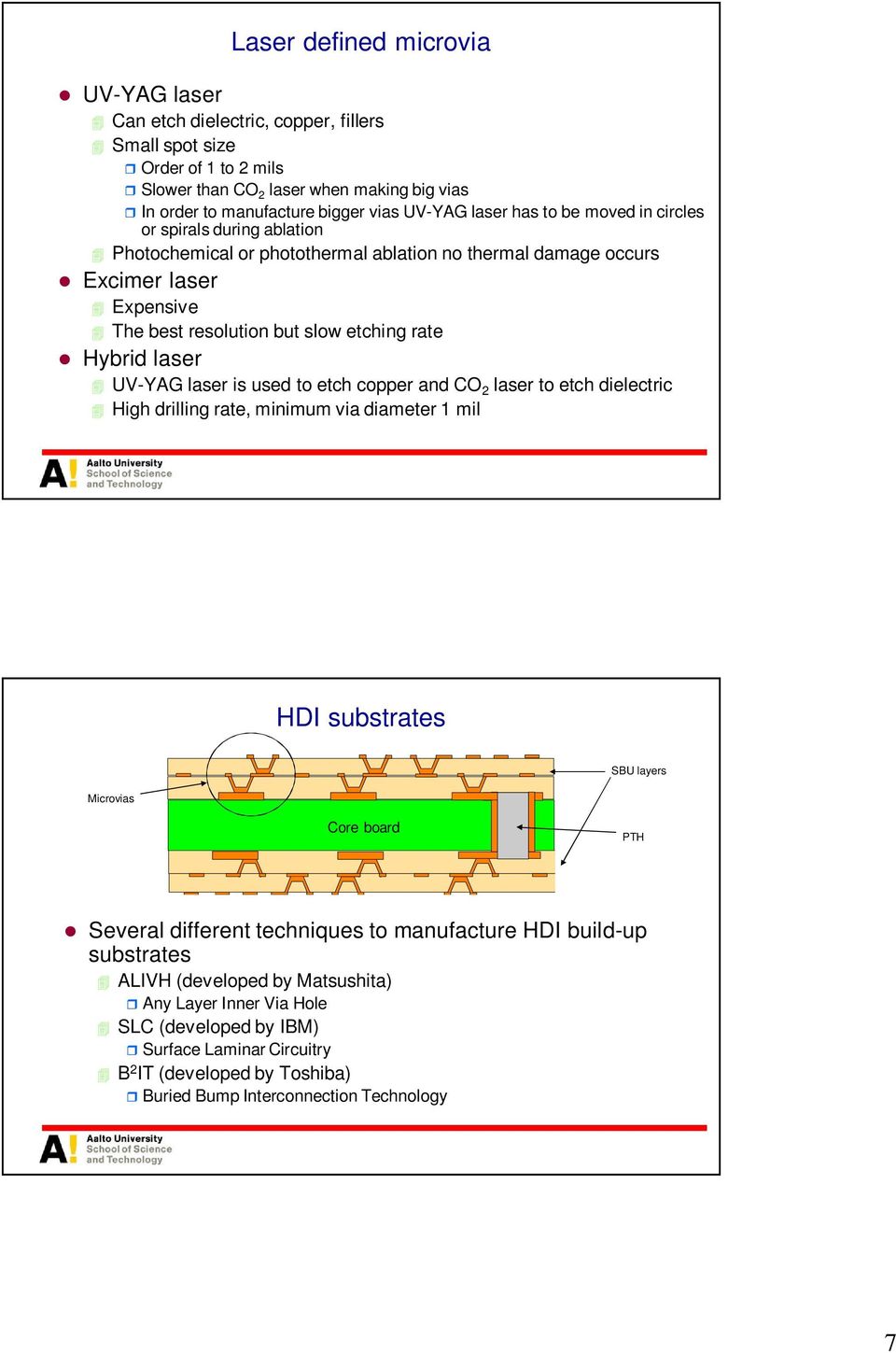 laser UV-YAG laser is used to etch copper and CO 2 laser to etch dielectric High drilling rate, minimum via diameter 1 mil HDI substrates Microvias SBU layers Core board PTH Several different