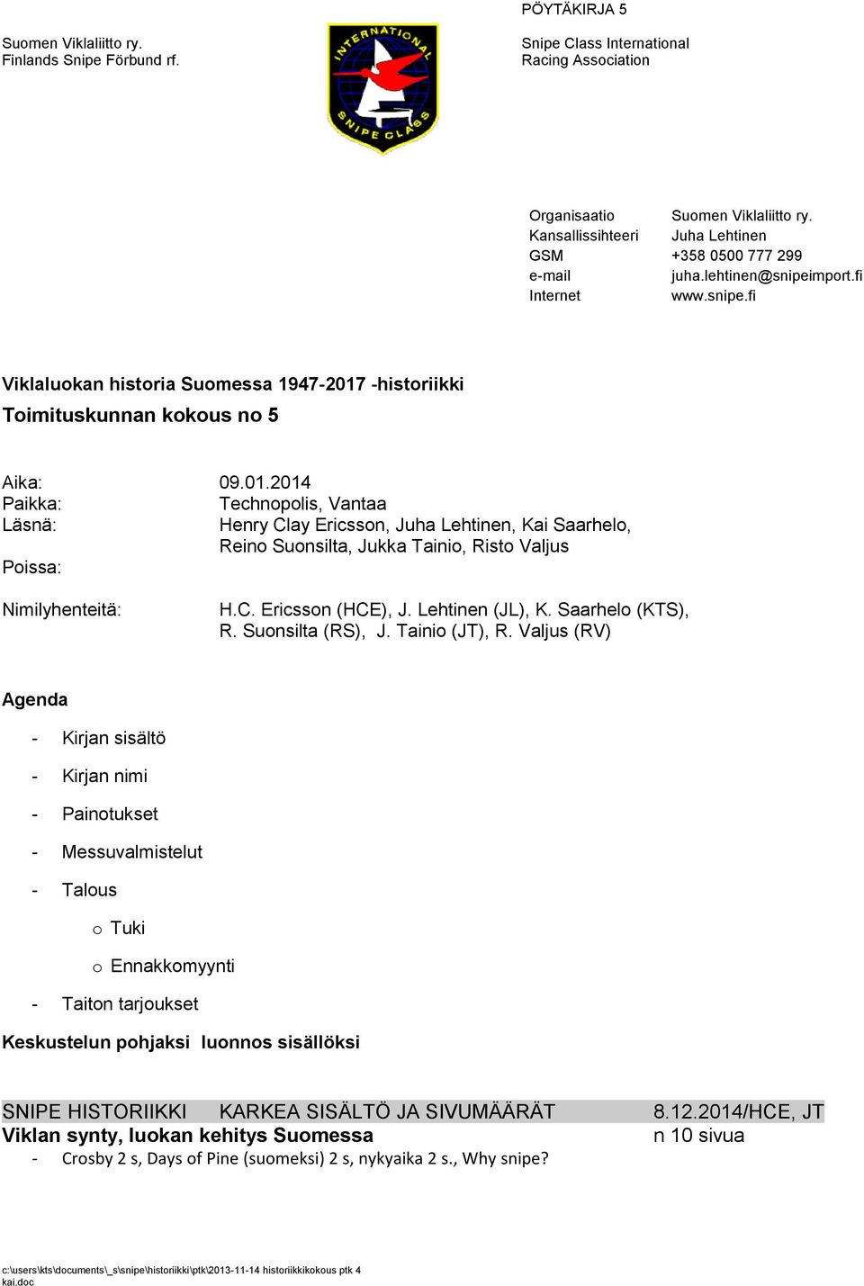 Lehtinen (JL), K. Saarhelo (KTS), R. Suonsilta (RS), J. Tainio (JT), R.