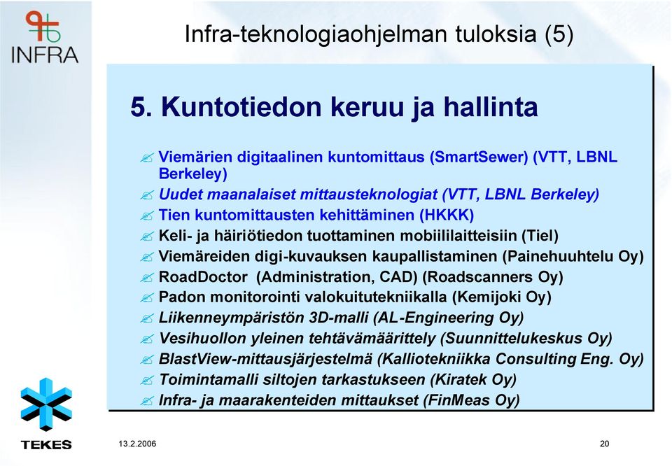 kehittäminen (HKKK) Keli- ja häiriötiedon tuottaminen mobiililaitteisiin (Tiel) Viemäreiden digi-kuvauksen kaupallistaminen (Painehuuhtelu Oy) RoadDoctor (Administration, CAD)