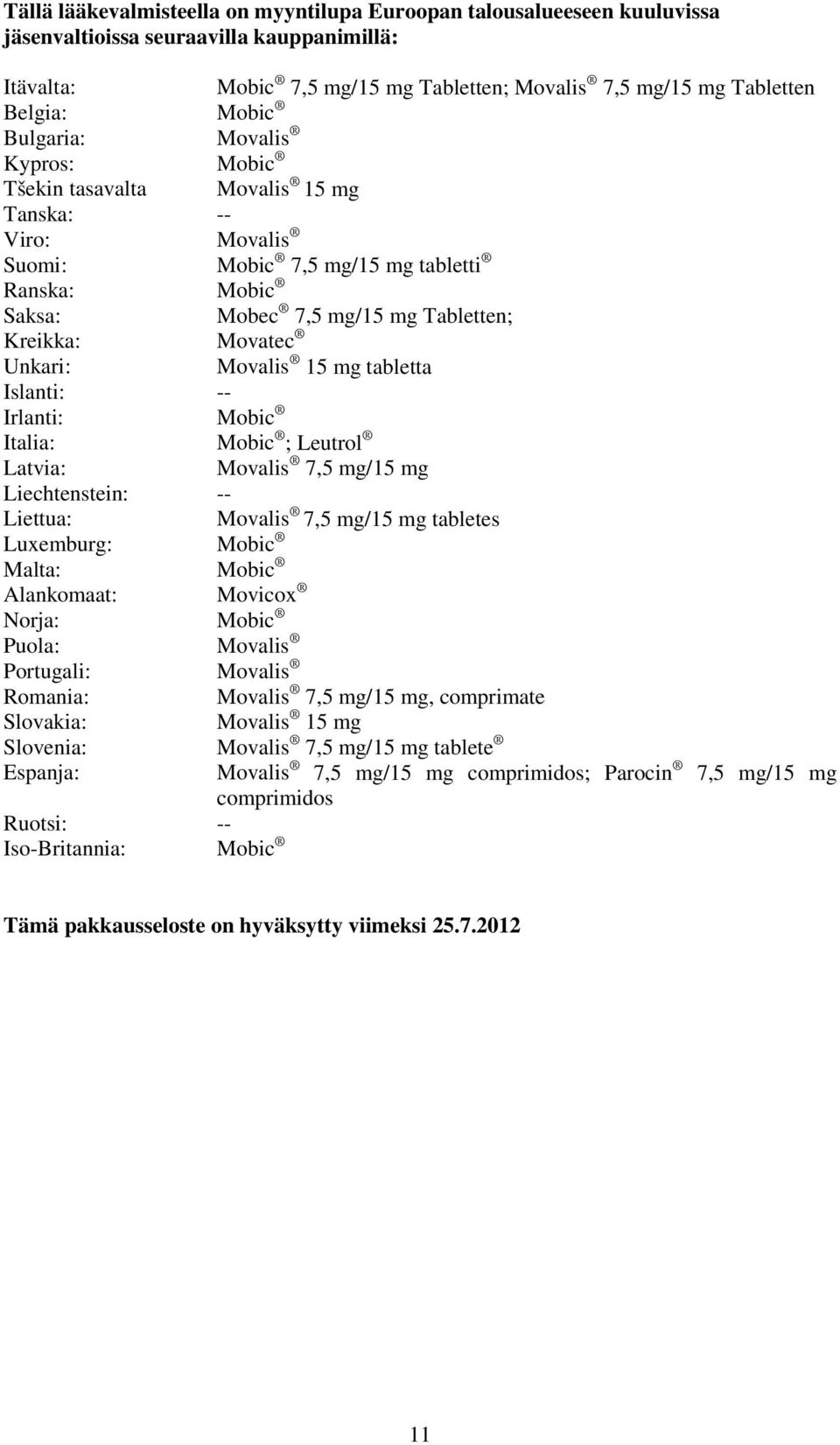 Unkari: Movalis 15 mg tabletta Islanti: -- Irlanti: Mobic Italia: Mobic ; Leutrol Latvia: Movalis 7,5 mg/15 mg Liechtenstein: -- Liettua: Movalis 7,5 mg/15 mg tabletes Luxemburg: Mobic Malta: Mobic