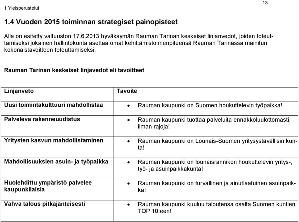 Rauman Tarinan keskeiset linjavedot eli tavoitteet Linjanveto Tavoite Uusi toimintakulttuuri mahdollistaa Rauman kaupunki on Suomen houkuttelevin työpaikka!