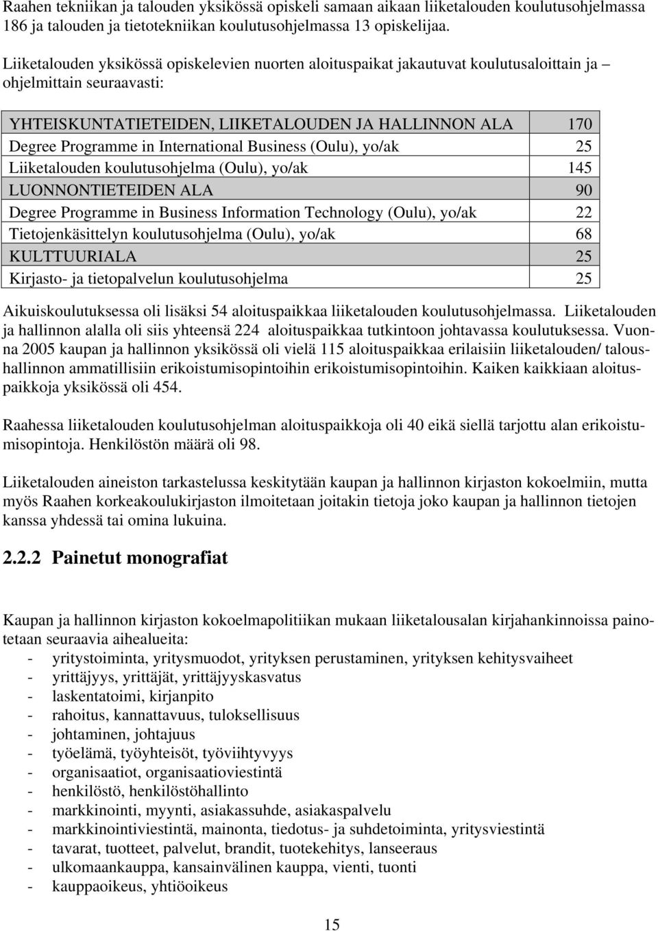 International Business (Oulu), yo/ak 25 Liiketalouden koulutusohjelma (Oulu), yo/ak 145 LUONNONTIETEIDEN ALA 90 Degree Programme in Business Information Technology (Oulu), yo/ak 22 Tietojenkäsittelyn