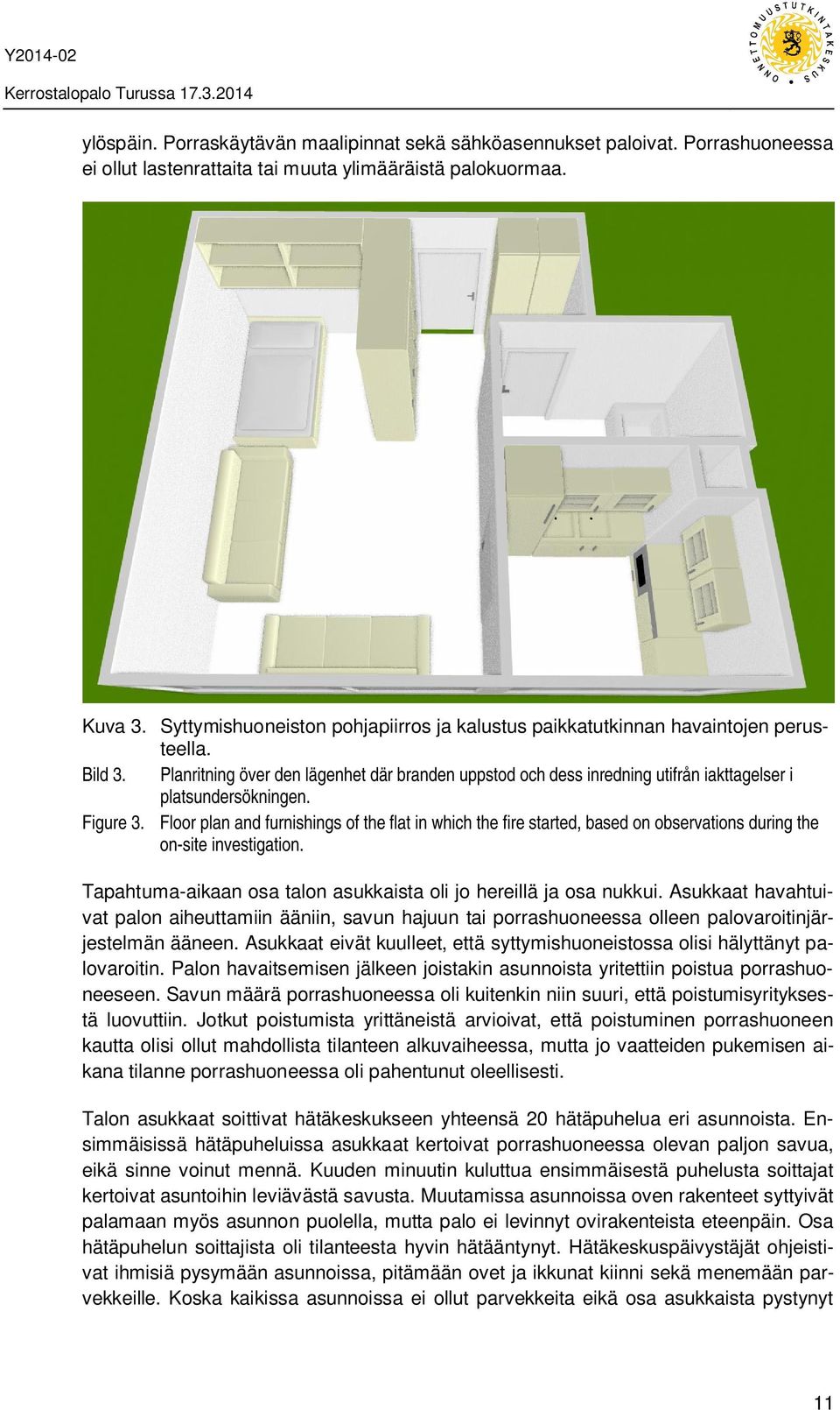 Planritning över den lägenhet där branden uppstod och dess inredning utifrån iakttagelser i platsundersökningen. Figure 3.