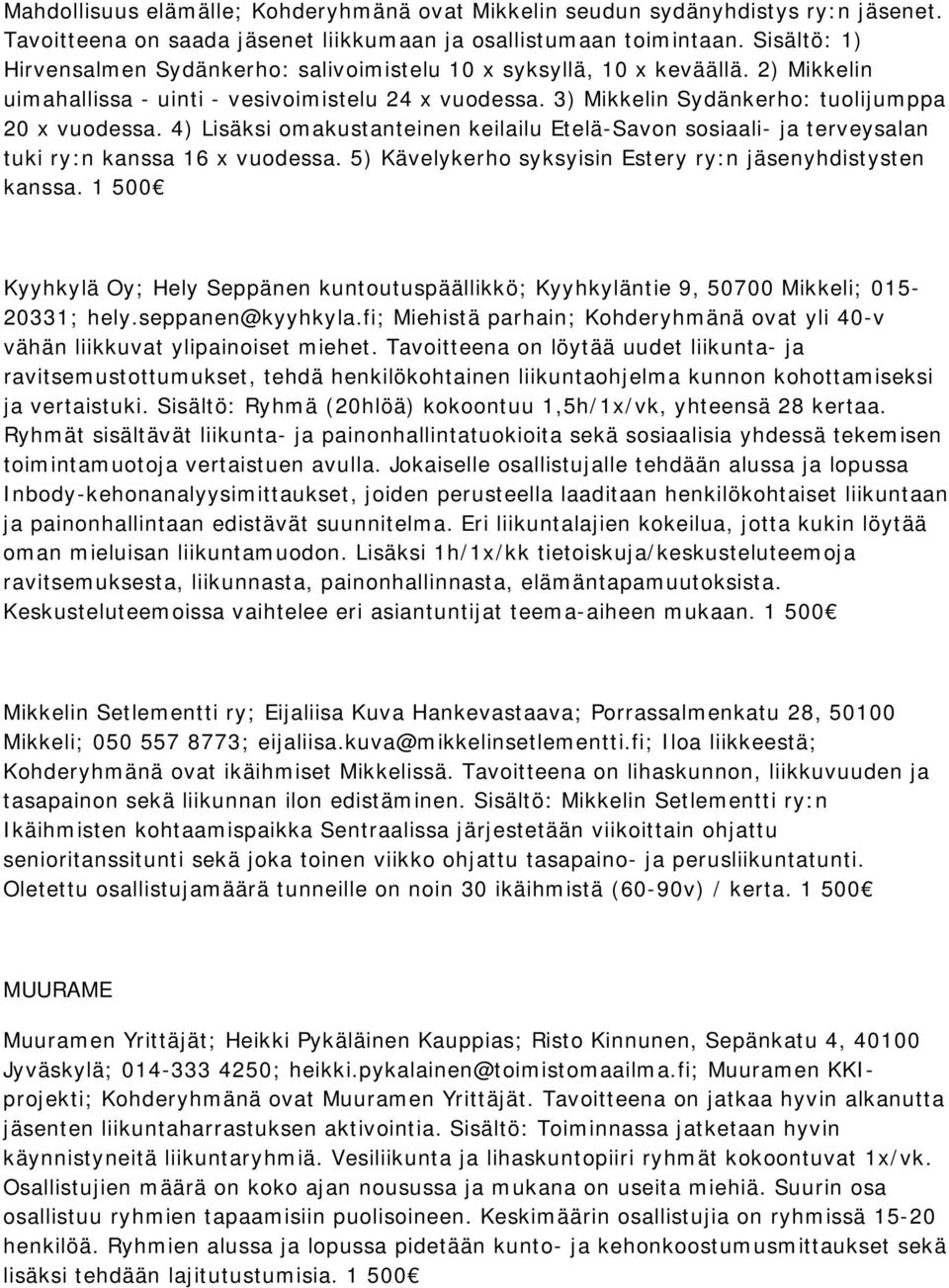 4) Lisäksi omakustanteinen keilailu Etelä-Savon sosiaali- ja terveysalan tuki ry:n kanssa 16 x vuodessa. 5) Kävelykerho syksyisin Estery ry:n jäsenyhdistysten kanssa.