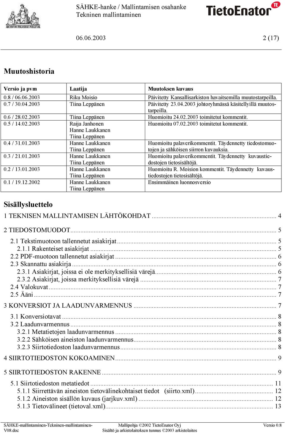 02.2003 toimitetut kommentit. Hanne Laukkanen Tiina Leppänen 0.4 / 31.01.2003 Hanne Laukkanen Tiina Leppänen Huomioitu palaverikommentit. Täydennetty tiedostomuotojen ja sähköisen siirron kuvauksia.