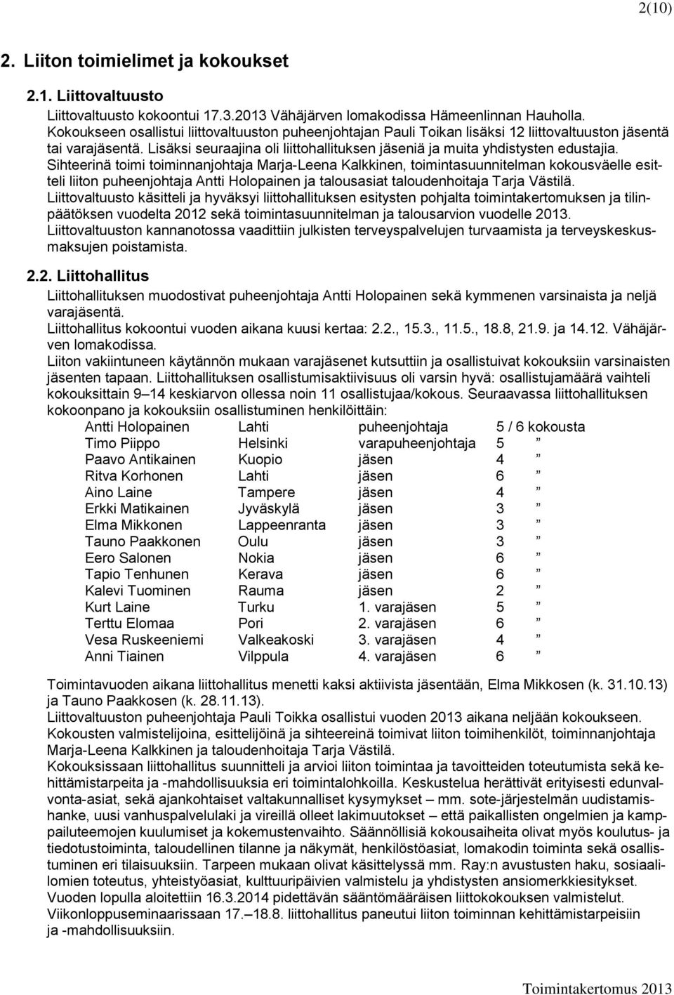 Sihteerinä toimi toiminnanjohtaja Marja-Leena Kalkkinen, toimintasuunnitelman kokousväelle esitteli liiton puheenjohtaja Antti Holopainen ja talousasiat taloudenhoitaja Tarja Västilä.