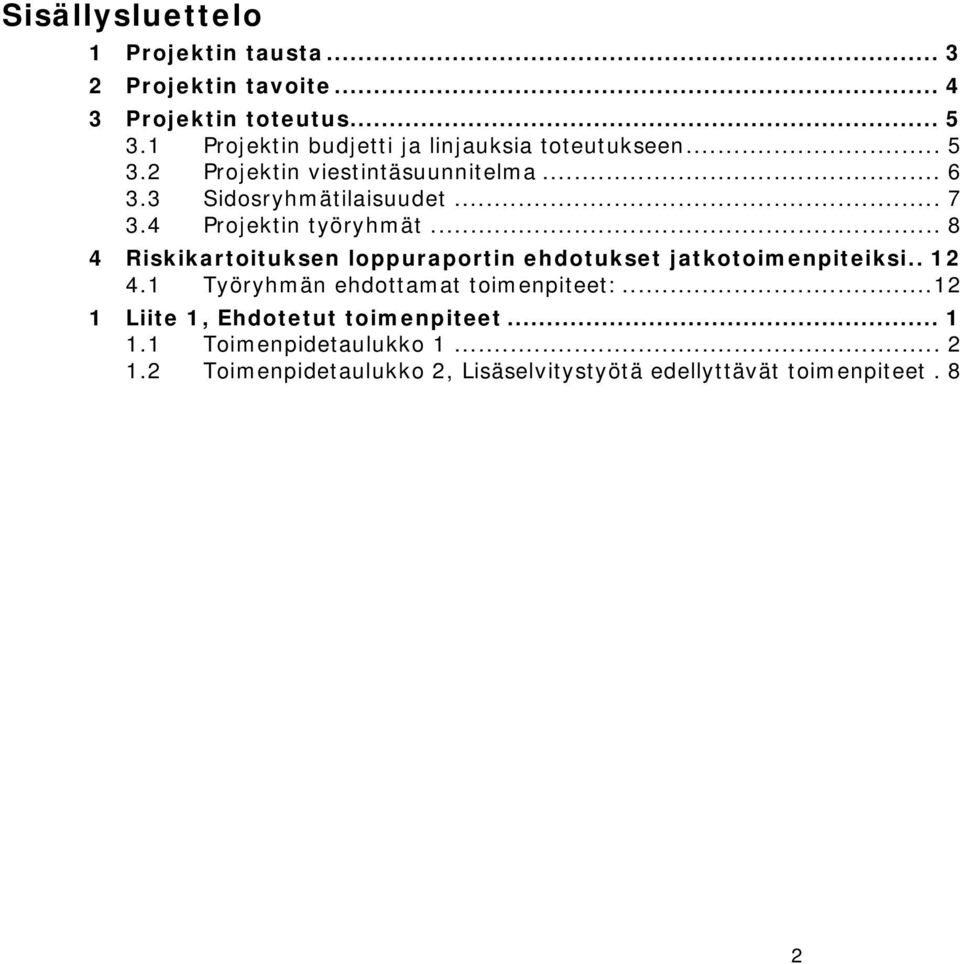 4 Projektin työryhmät... 8 4 Riskikartoituksen loppuraportin ehdotukset jatkotoimenpiteiksi.. 12 4.