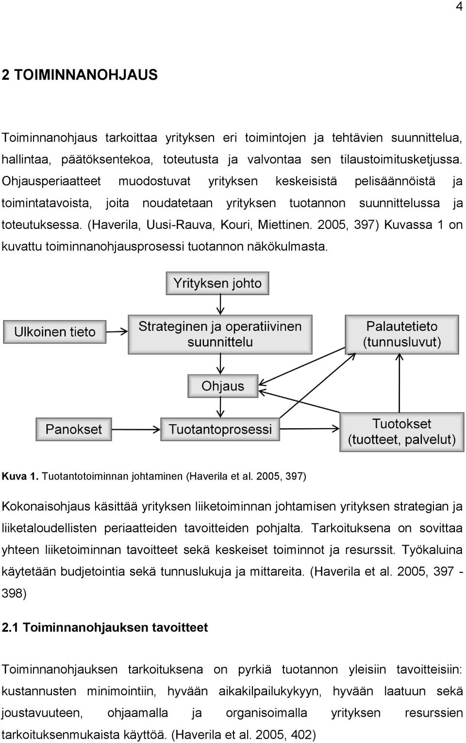 2005, 397) Kuvassa 1 on kuvattu toiminnanohjausprosessi tuotannon näkökulmasta. Kuva 1. Tuotantotoiminnan johtaminen (Haverila et al.