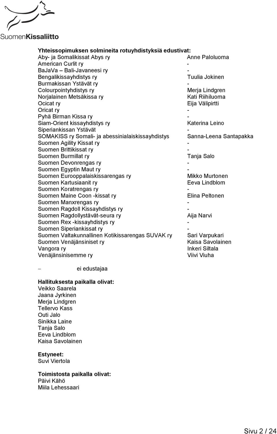 Siperiankissan Ystävät - SOMAKISS ry Somali- ja abessinialaiskissayhdistys Sanna-Leena Santapakka Suomen Agility Kissat ry - Suomen Brittikissat ry - Suomen Burmillat ry Tanja Salo Suomen Devonrengas