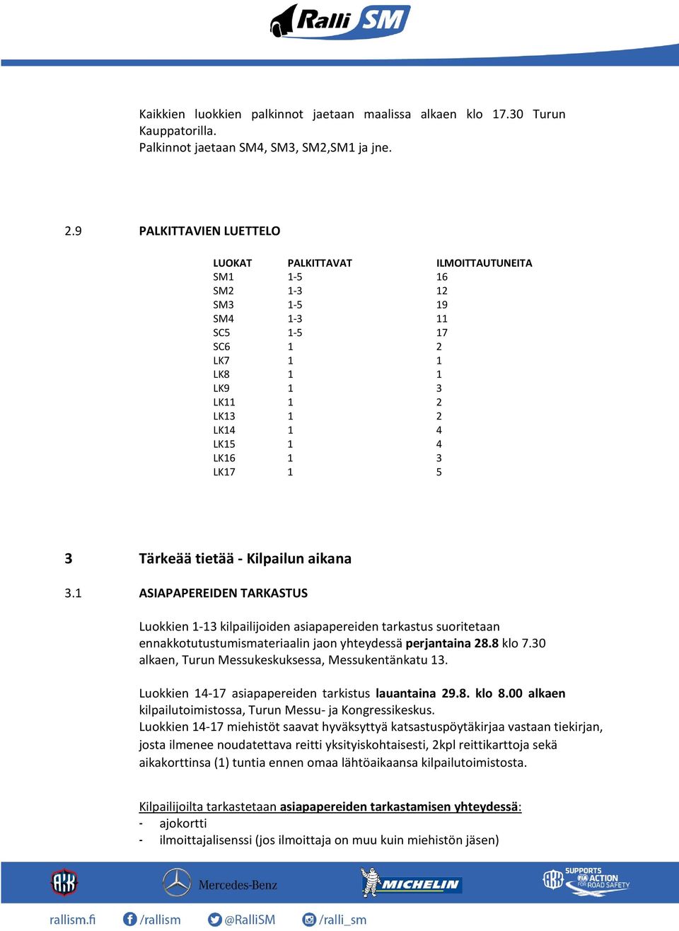 5 3 Tärkeää tietää - Kilpailun aikana 3.1 ASIAPAPEREIDEN TARKASTUS Luokkien 1-13 kilpailijoiden asiapapereiden tarkastus suoritetaan ennakkotutustumismateriaalin jaon yhteydessä perjantaina 28.