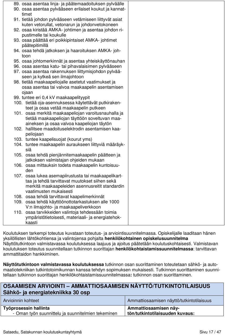 osaa päättää eri poikkipintaiset AMKA- johtimet päätepitimillä 94. osaa tehdä jatkoksen ja haaroituksen AMKA- johtoon 95. osaa johtomerkinnät ja asentaa yhteiskäyttönauhan 96.