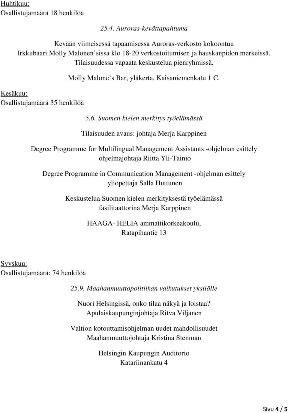 Tilaisuudessa vapaata keskustelua pienryhmissä. Kesäkuu: Osallistujamäärä 35 henkilöä Molly Malone s Bar, yläkerta, Kaisaniemenkatu 1 C. 5.6.