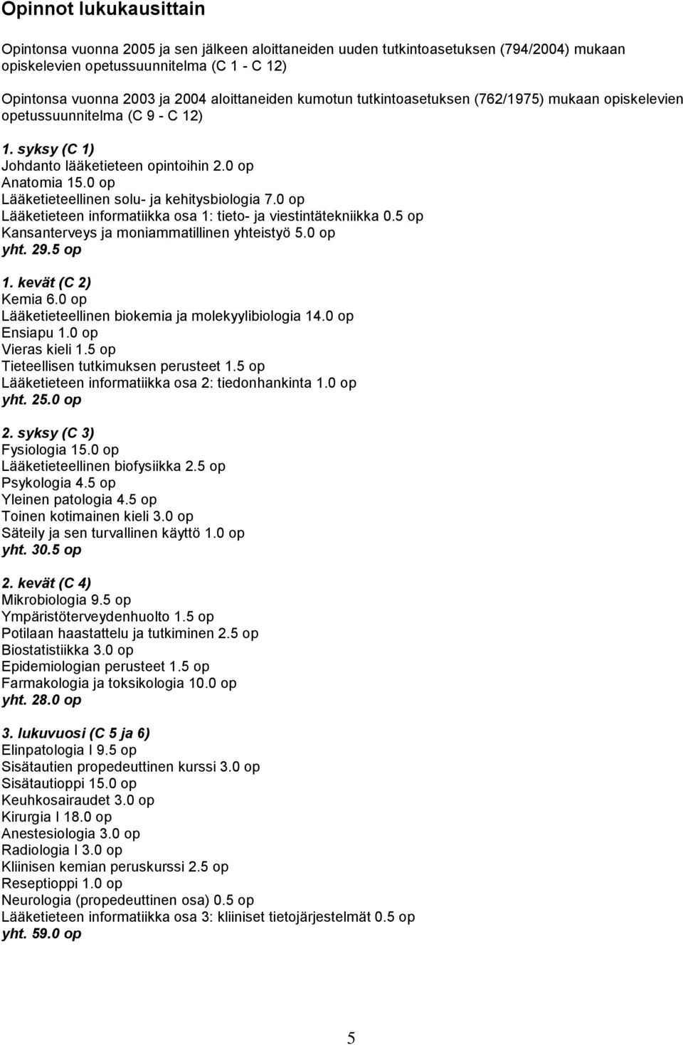 0 op Lääketieteellinen solu- ja kehitysbiologia 7.0 op Lääketieteen informatiikka osa 1: tieto- ja viestintätekniikka 0.5 op Kansanterveys ja moniammatillinen yhteistyö 5.0 op yht. 29.5 op 1.