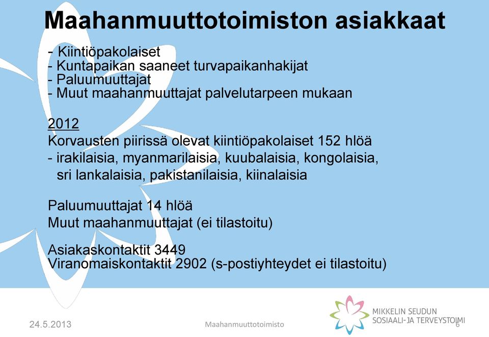 myanmarilaisia, kuubalaisia, kongolaisia, sri lankalaisia, pakistanilaisia, kiinalaisia Paluumuuttajat 14 hlöä Muut