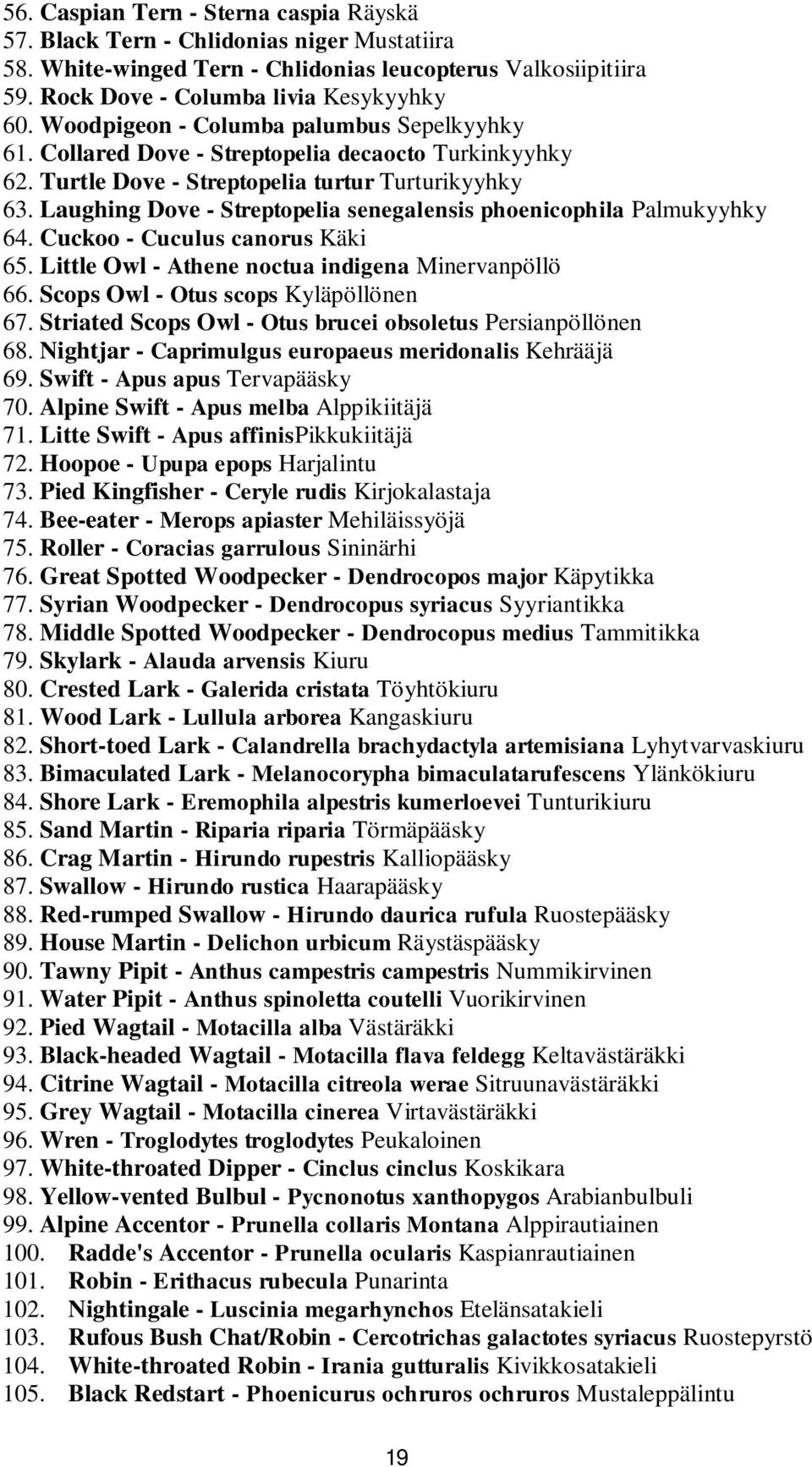 Laughing Dove - Streptopelia senegalensis phoenicophila Palmukyyhky 64. Cuckoo - Cuculus canorus Käki 65. Little Owl - Athene noctua indigena Minervanpöllö 66. Scops Owl - Otus scops Kyläpöllönen 67.