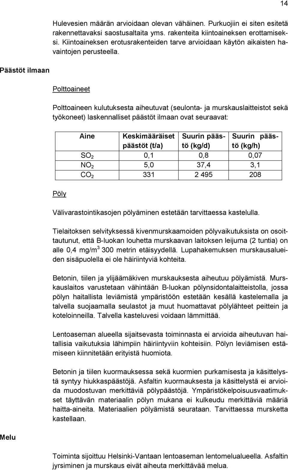 Päästöt ilmaan Polttoaineet Polttoaineen kulutuksesta aiheutuvat (seulonta- ja murskauslaitteistot sekä työkoneet) laskennalliset päästöt ilmaan ovat seuraavat: Pöly Aine Keskimääräiset päästöt (t/a)