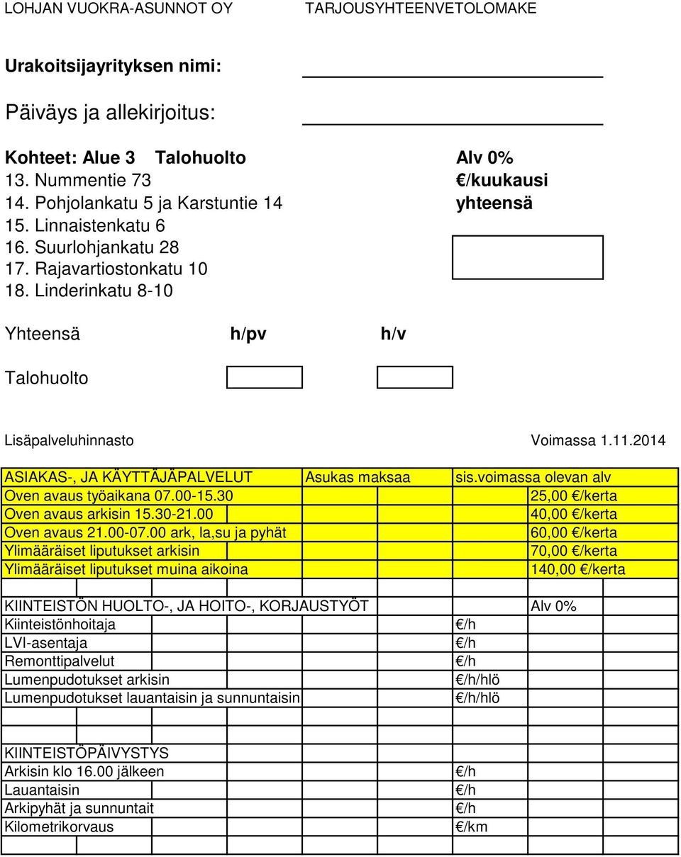 00 40,00 /kerta Oven avaus 21.00-07.