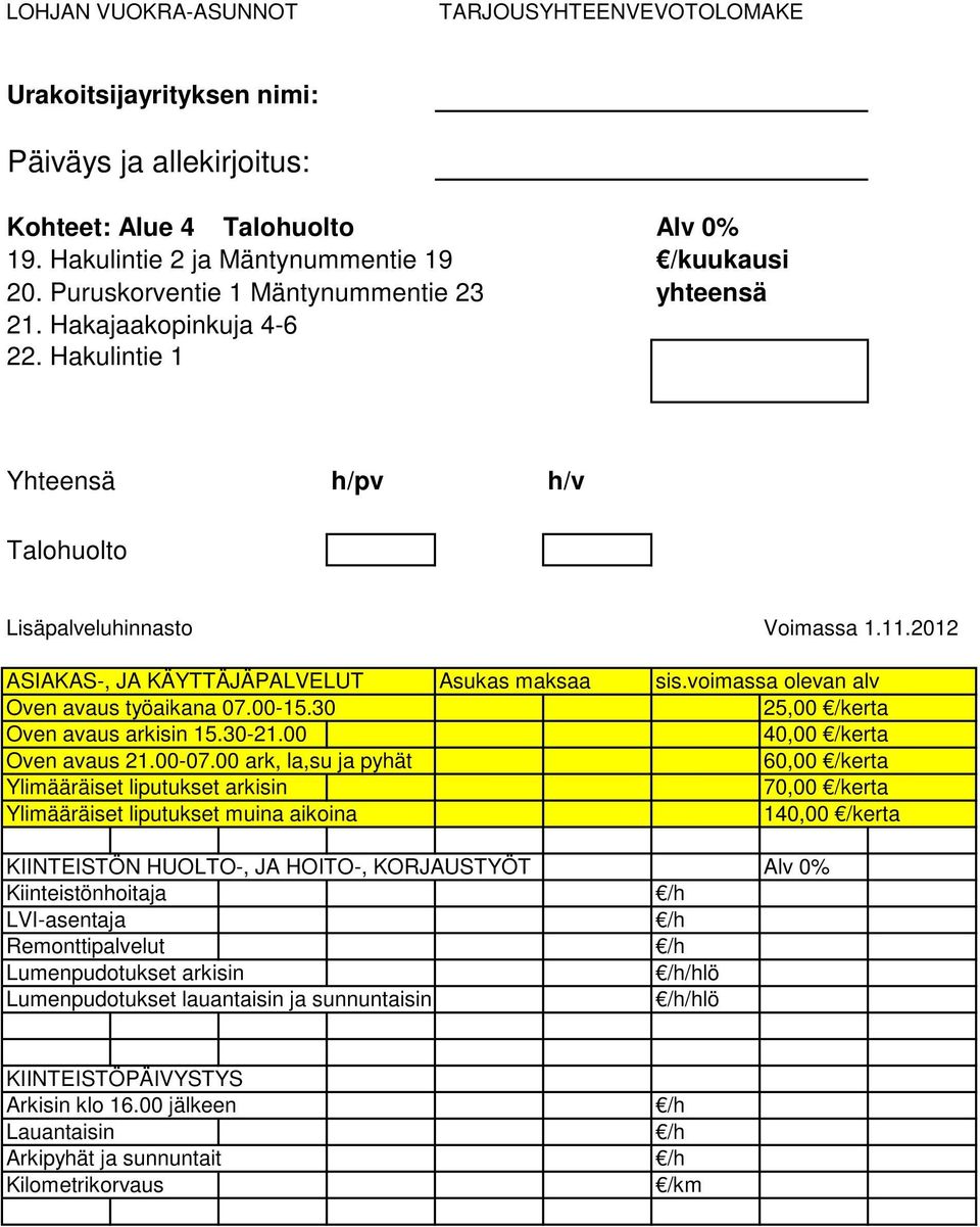 30 25,00 /kerta Oven avaus arkisin 15.30-21.00 40,00 /kerta Oven avaus 21.00-07.