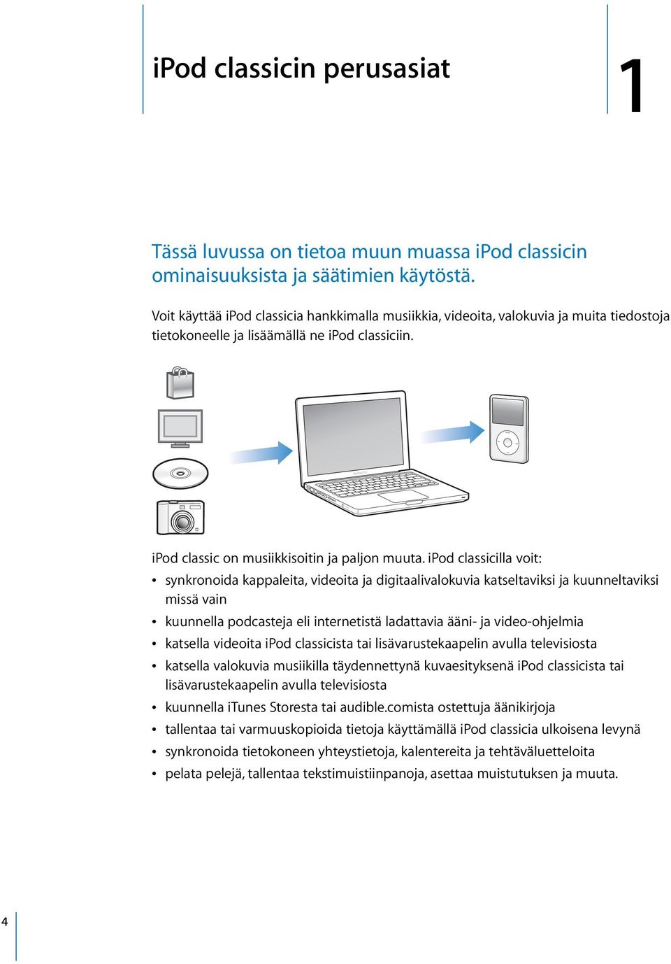 ipod classicilla voit: Â synkronoida kappaleita, videoita ja digitaalivalokuvia katseltaviksi ja kuunneltaviksi missä vain Â kuunnella podcasteja eli internetistä ladattavia ääni- ja video-ohjelmia Â