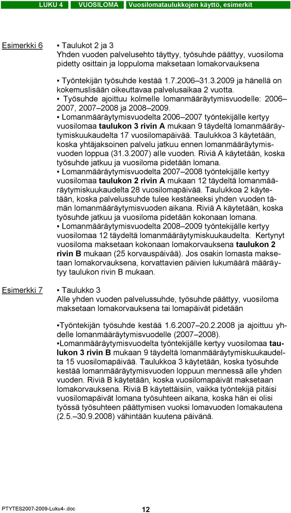 Työsuhde ajoittuu kolmelle lomanmääräytymisvuodelle: 2006 2007, 2007 2008 ja 2008 2009.