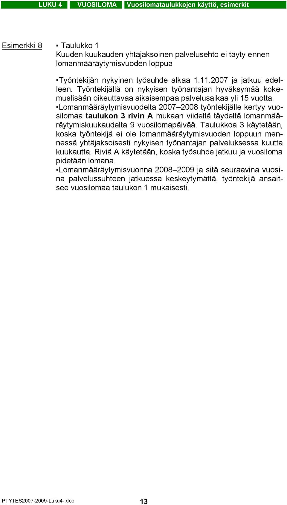 Lomanmääräytymisvuodelta 2007 2008 työntekijälle kertyy vuosilomaa taulukon 3 rivin A mukaan viideltä täydeltä lomanmääräytymiskuukaudelta 9 vuosilomapäivää.