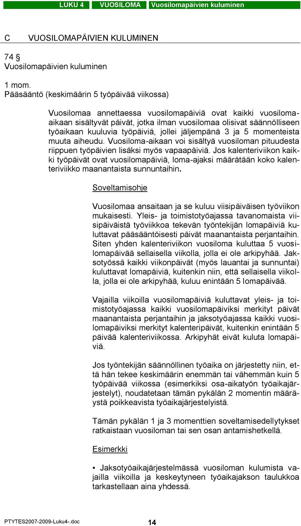 työpäiviä, jollei jäljempänä 3 ja 5 momenteista muuta aiheudu. Vuosiloma-aikaan voi sisältyä vuosiloman pituudesta riippuen työpäivien lisäksi myös vapaapäiviä.