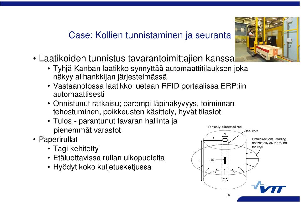 tehostuminen, poikkeusten käsittely, hyvät tilastot Tulos - parantunut tavaran hallinta ja pienemmät varastot Paperirullat Tagi kehitetty Etäluettavissa