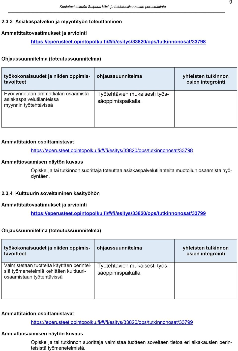 työtehtävissä ohjaussuunnitelma Työtehtävien mukaisesti työssäoppimispaikalla. yhteisten tutkinnon osien integrointi Ammattitaidon osoittamistavat https://eperusteet.opintopolku.