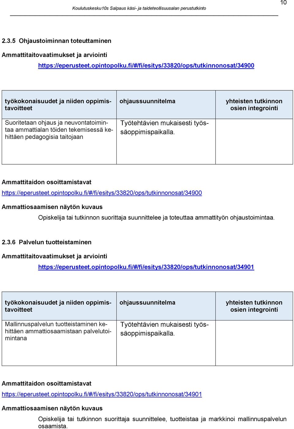 ohjaussuunnitelma Työtehtävien mukaisesti työssäoppimispaikalla. yhteisten tutkinnon osien integrointi Ammattitaidon osoittamistavat https://eperusteet.opintopolku.