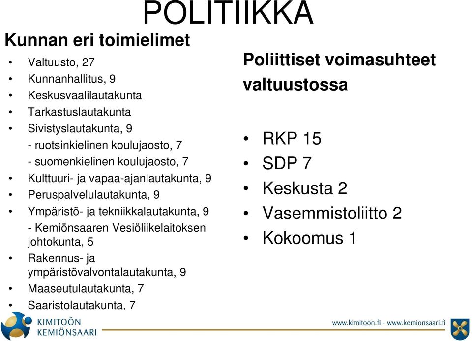 Ympäristö- ja tekniikkalautakunta, 9 - Kemiönsaaren Vesiöliikelaitoksen johtokunta, 5 Rakennus- ja ympäristövalvontalautakunta, 9