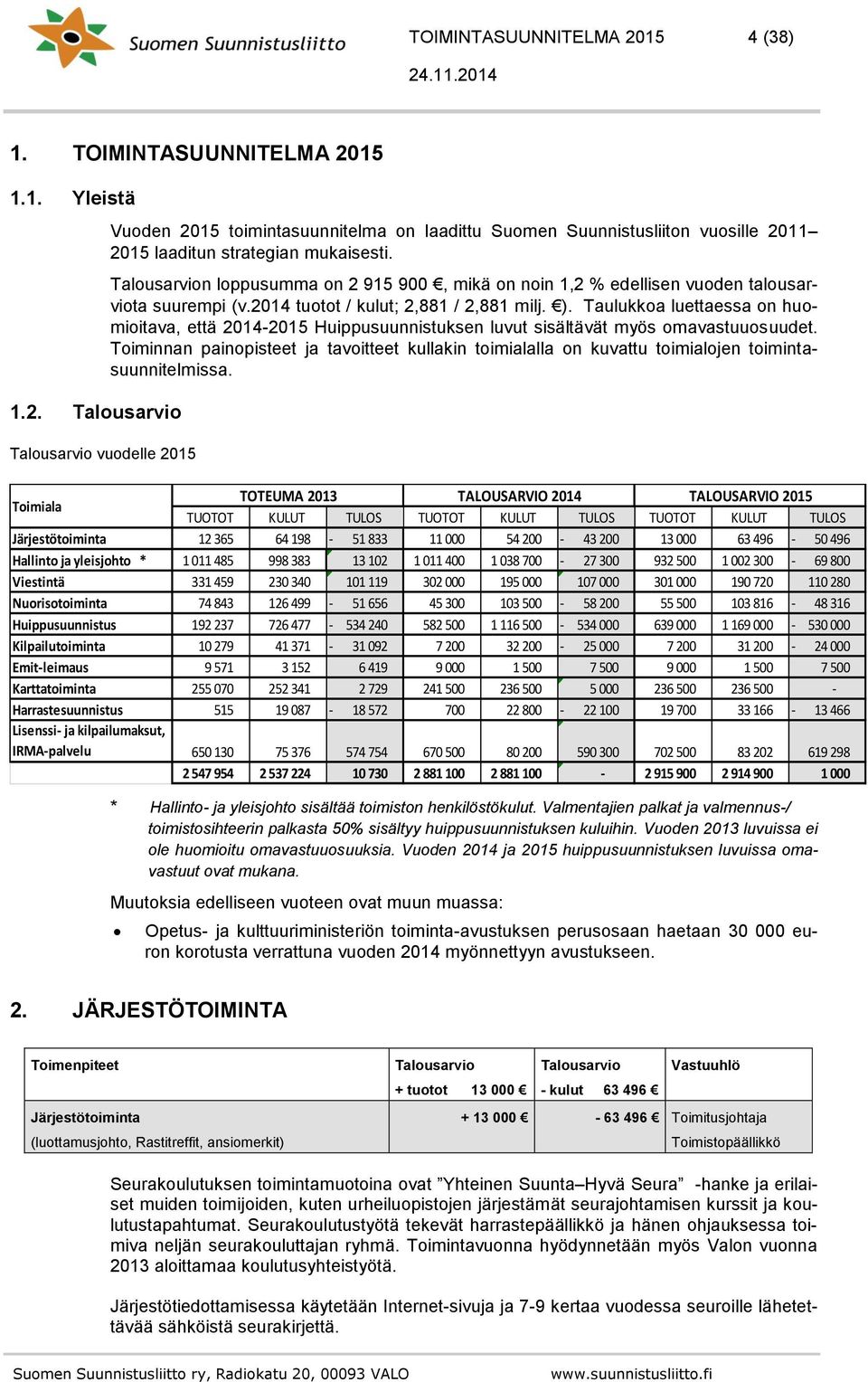 Taulukkoa luettaessa on huomioitava, että 2014-2015 Huippusuunnistuksen luvut sisältävät myös omavastuuosuudet.