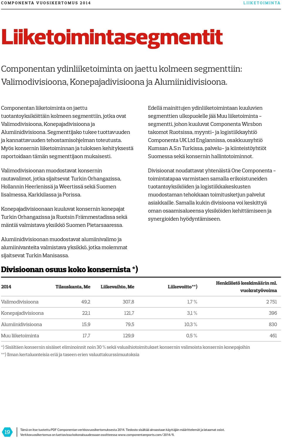 Segmenttijako tukee tuottavuuden ja kannattavuuden tehostamisohjelman toteutusta. Myös konsernin liiketoiminnan ja tuloksen kehityksestä raportoidaan tämän segmenttijaon mukaisesti.