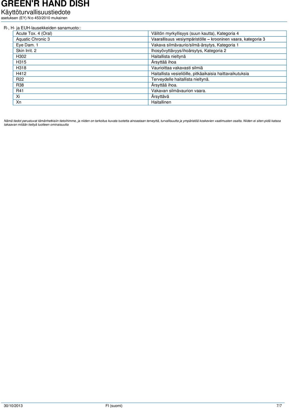 2 Ihosyövyttävyys/ihoärsytys, Kategoria 2 H302 Haitallista nieltynä H315 Ärsyttää ihoa H318 Vaurioittaa vakavasti silmiä H412 Haitallista vesieliöille, pitkäaikaisia haittavaikutuksia R22 Terveydelle