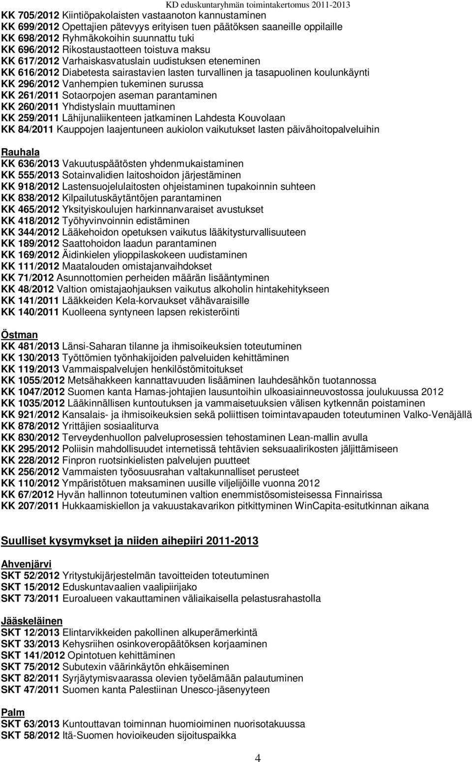 tukeminen surussa KK 261/2011 Sotaorpojen aseman parantaminen KK 260/2011 Yhdistyslain muuttaminen KK 259/2011 Lähijunaliikenteen jatkaminen Lahdesta Kouvolaan KK 84/2011 Kauppojen laajentuneen