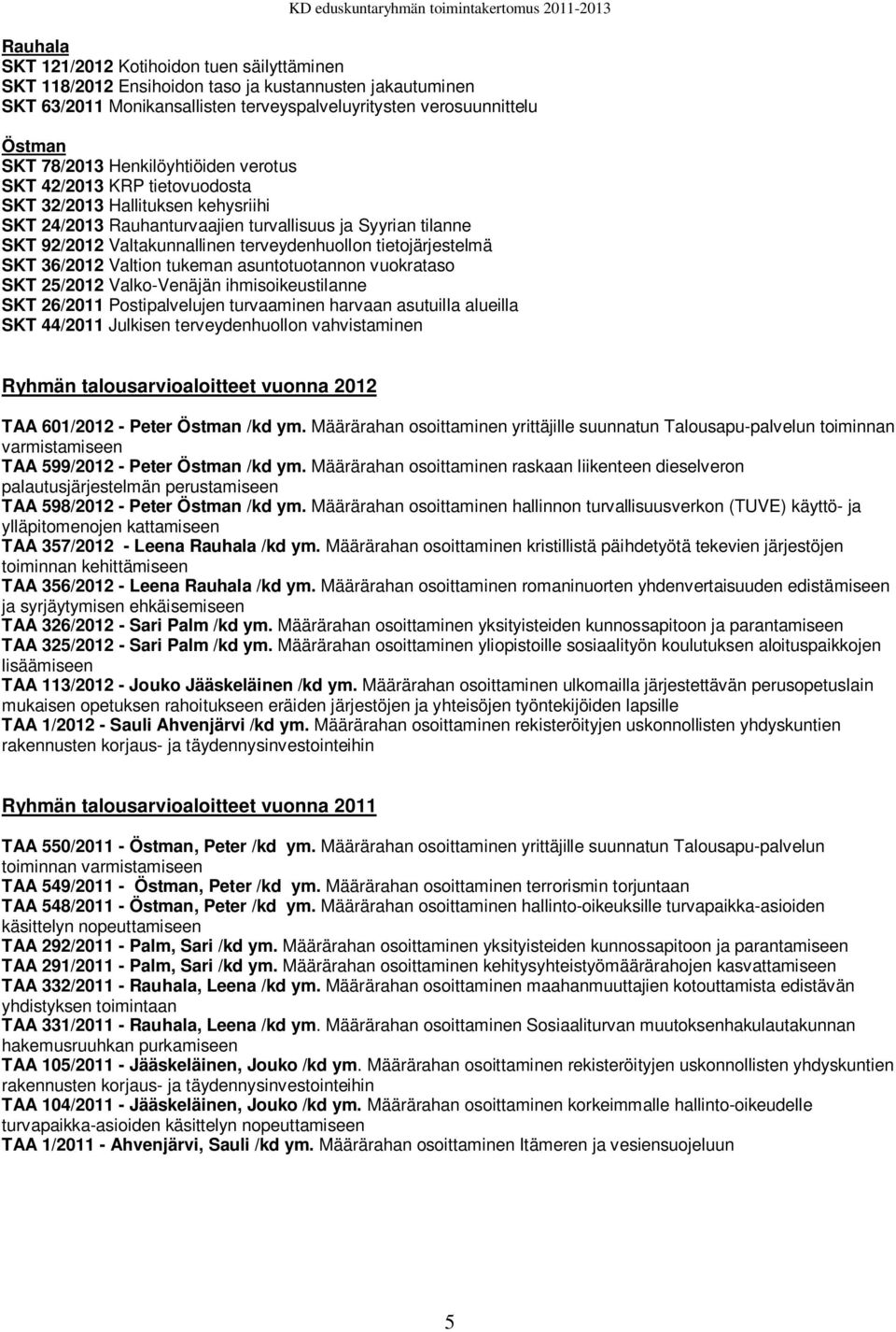 tietojärjestelmä SKT 36/2012 Valtion tukeman asuntotuotannon vuokrataso SKT 25/2012 Valko-Venäjän ihmisoikeustilanne SKT 26/2011 Postipalvelujen turvaaminen harvaan asutuilla alueilla SKT 44/2011