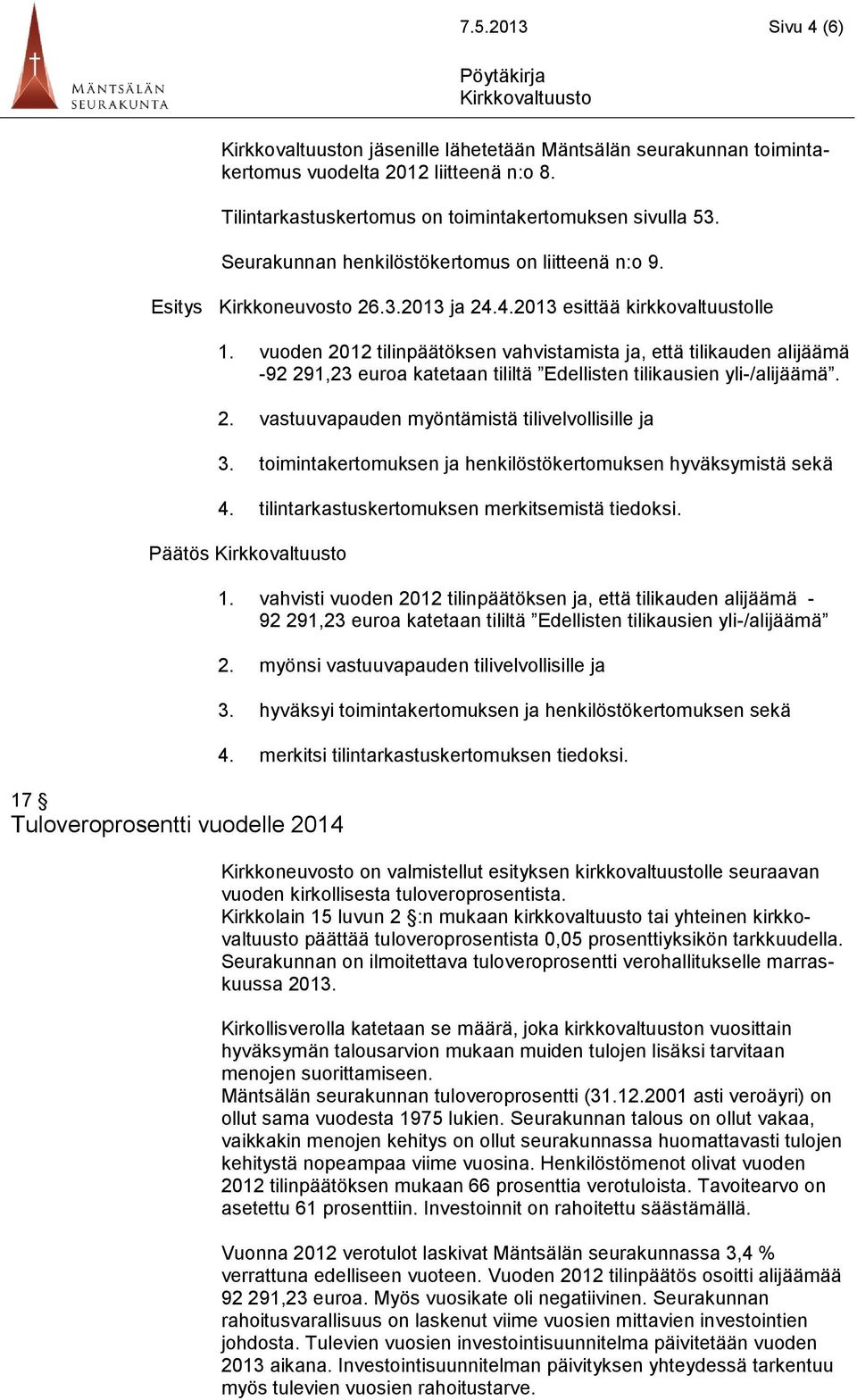 vuoden 2012 tilinpäätöksen vahvistamista ja, että tilikauden alijäämä -92 291,23 euroa katetaan tililtä Edellisten tilikausien yli-/alijäämä. 2. vastuuvapauden myöntämistä tilivelvollisille ja 3.