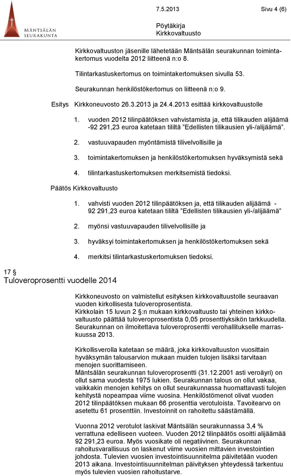 vuoden 2012 tilinpäätöksen vahvistamista ja, että tilikauden alijäämä -92 291,23 euroa katetaan tililtä Edellisten tilikausien yli-/alijäämä. 2. vastuuvapauden myöntämistä tilivelvollisille ja 3.