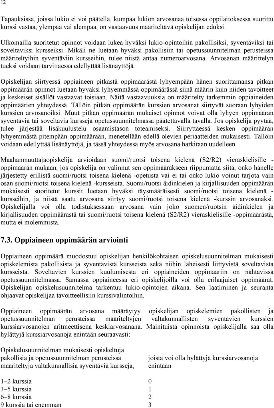 Mikäli ne luetaan hyväksi pakollisiin tai opetussuunnitelman perusteissa määriteltyihin syventäviin kursseihin, tulee niistä antaa numeroarvosana.