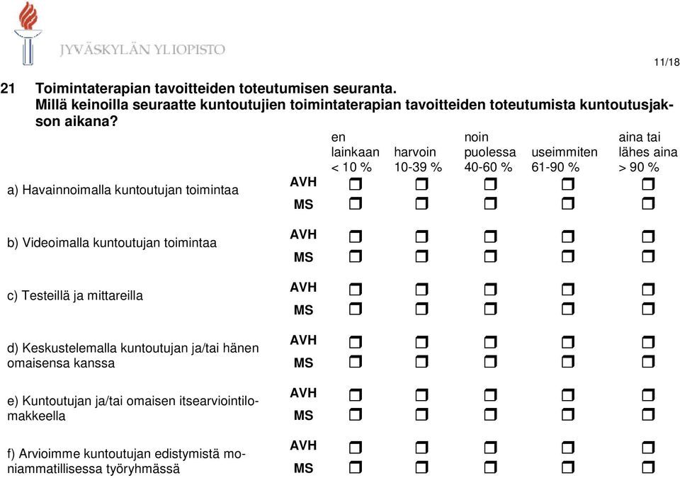 a) Havainnoimalla kuntoutujan toimintaa b) Videoimalla kuntoutujan toimintaa en 11/18 c) Testllä ja mittarlla d)