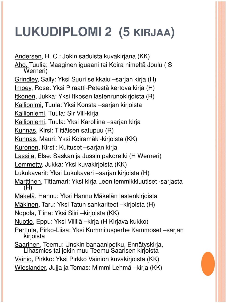 kirja (H) Itkonen, Jukka: Yksi Itkosen lastenrunokirjoista (R) Kallionimi, Tuula: Yksi Konsta sarjan kirjoista Kallioniemi, Tuula: Sir Vili-kirja Kallioniemi, Tuula: Yksi Karoliina sarjan kirja