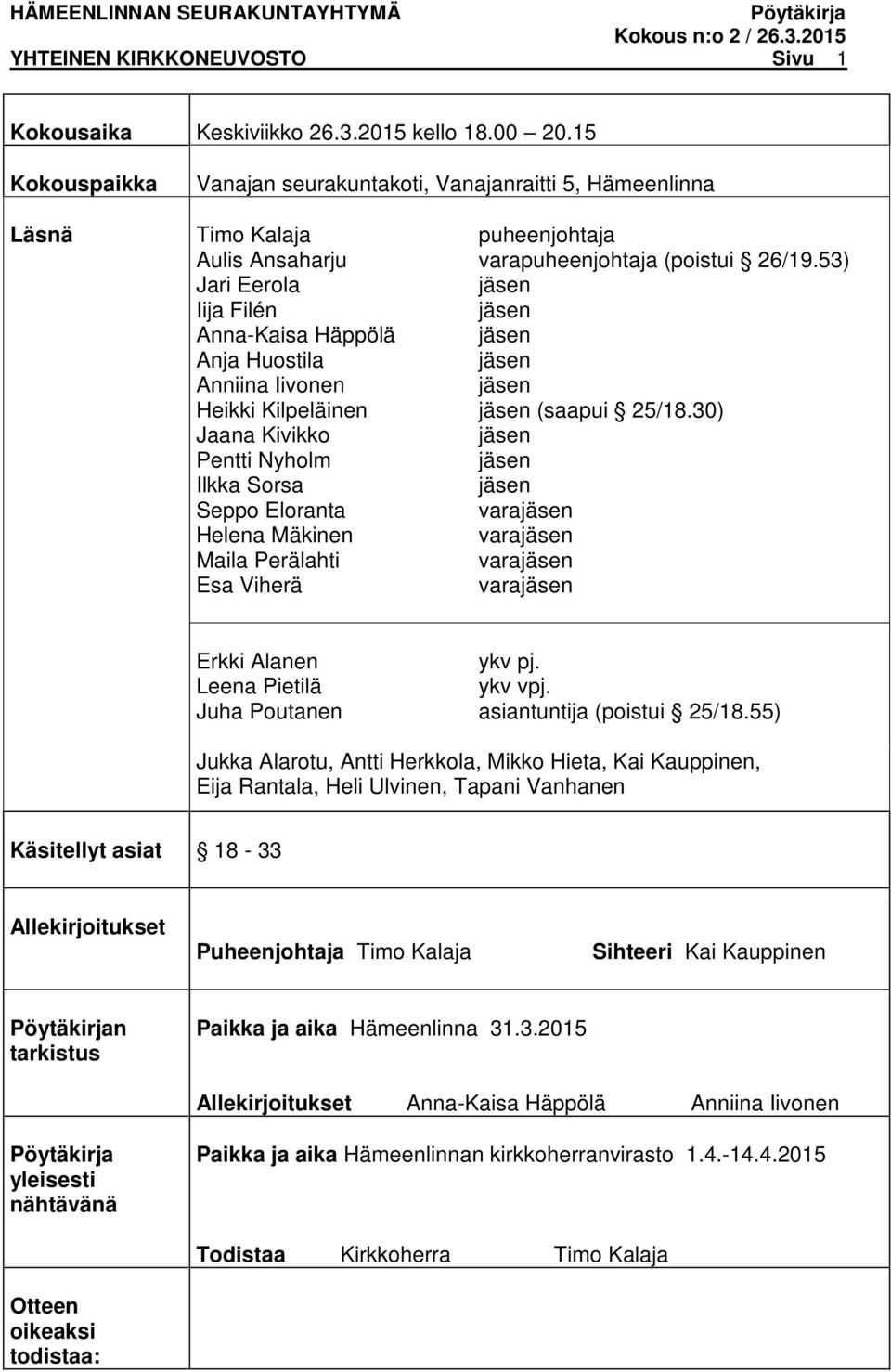 Kivikko Pentti Nyholm Ilkka Sorsa Seppo Eloranta Helena Mäkinen Maila Perälahti Esa Viherä puheenjohtaja varapuheenjohtaja (poistui 26/19.53) (saapui 25/18.