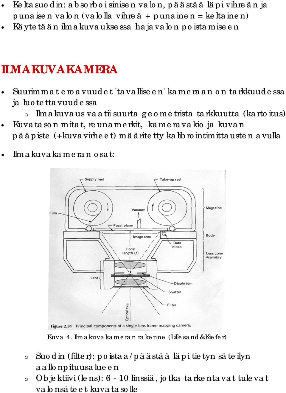 mitat, reunamerkit, kameravakio ja kuvan pääpiste (+kuvavirheet) määritetty kalibrointimittausten avulla Ilmakuvakameran osat: Kuva 4.