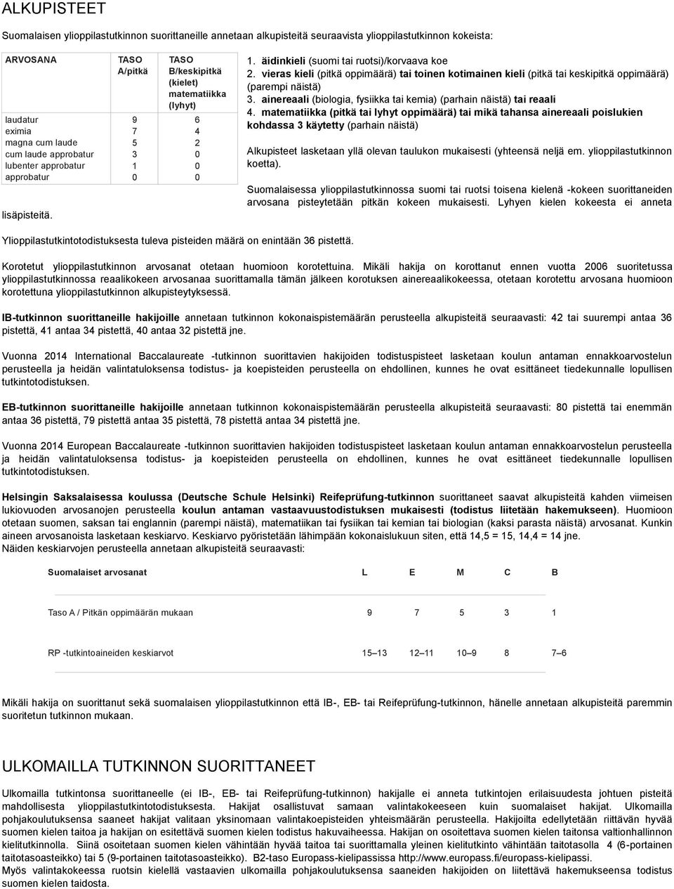 vieras kieli (pitkä oppimäärä) tai toinen kotimainen kieli (pitkä tai keskipitkä oppimäärä) (parempi näistä) 3. ainereaali (biologia, fysiikka tai kemia) (parhain näistä) tai reaali 4.