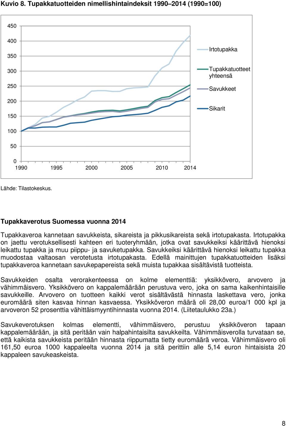 Tilastokeskus. Tupakkaverotus Suomessa vuonna 2014 Tupakkaveroa kannetaan savukkeista, sikareista ja pikkusikareista sekä irtotupakasta.